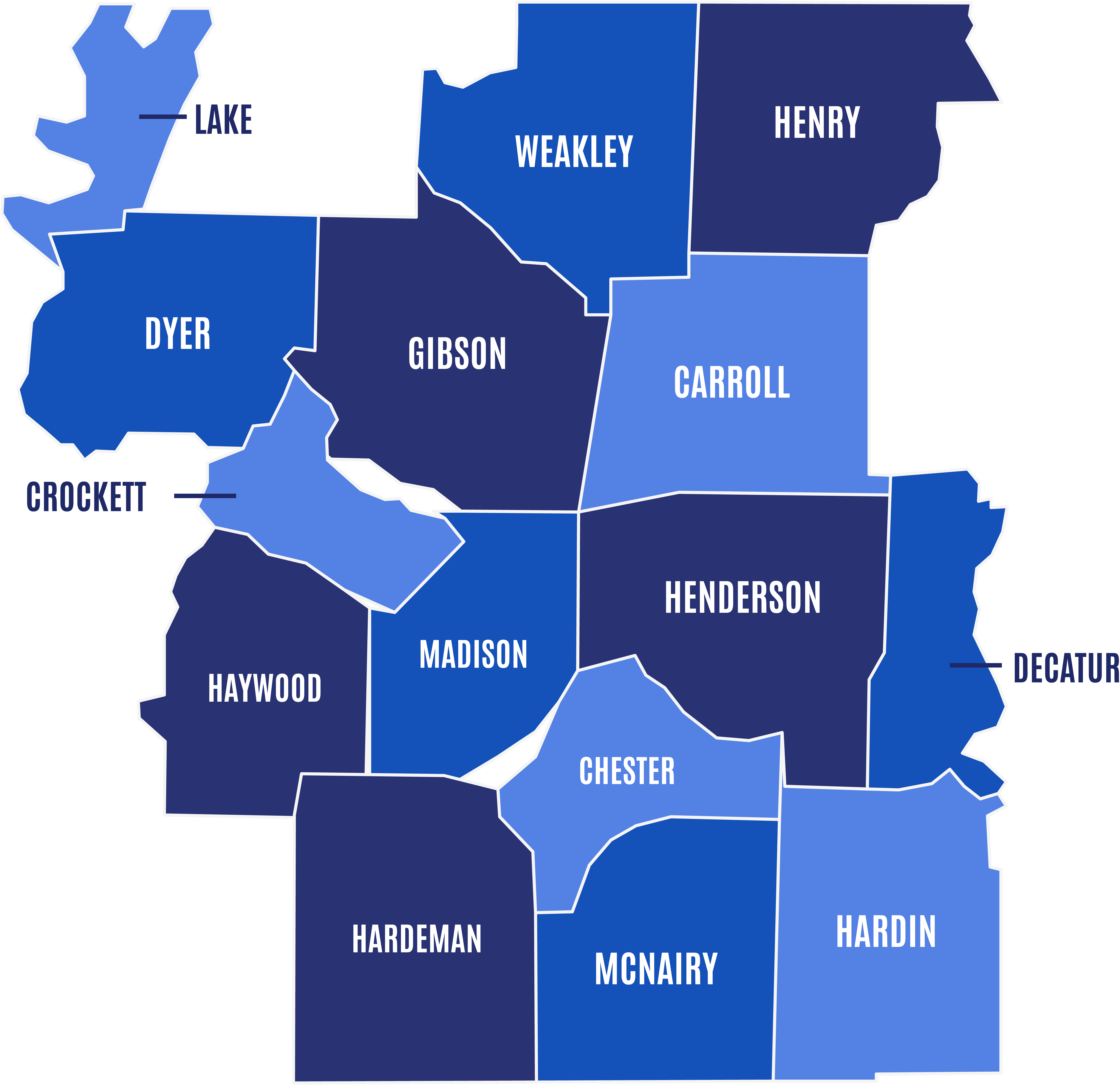 A graphic of our 15-county service area